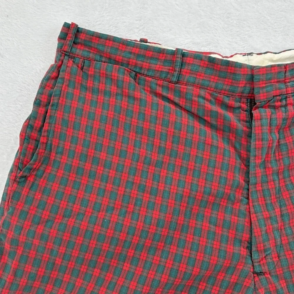 Vintage Red Green Plaid Cinch Back Shorts Men SZ 37 Flat Front Preppy Streetwear
